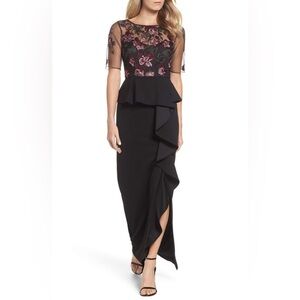 ADRIANNA PAPELL BLACK/FLORAL EMBROIDERED PEPLUM GOWN - Size 12